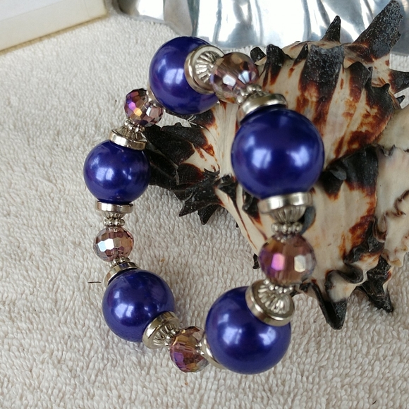 🔥🔥🔥🔥 !!! 🆕 Chunky Bracelet Purple W/Crystal & Bead Caps Hand-Made - Picture 3 of 9